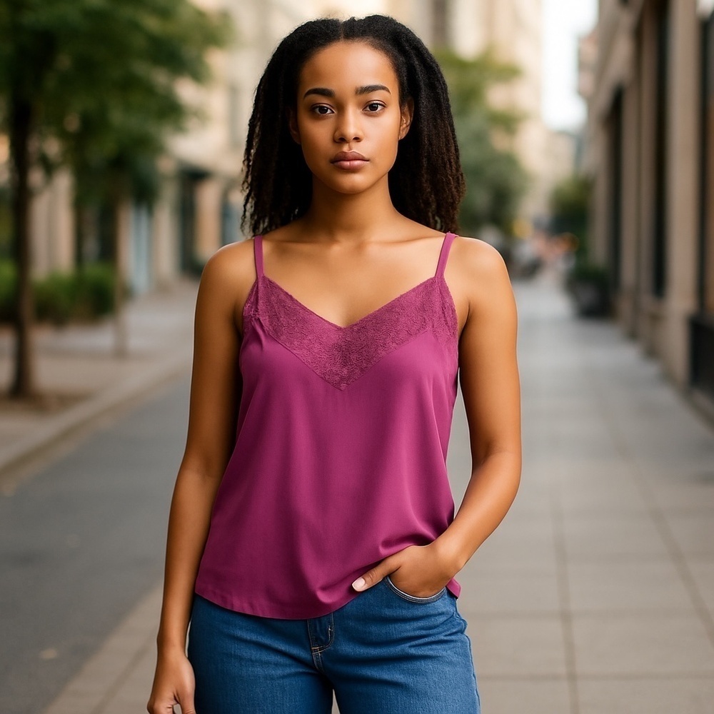 Candie's Fuchsia Lace Trim Camisole Tank Top Large NWOT